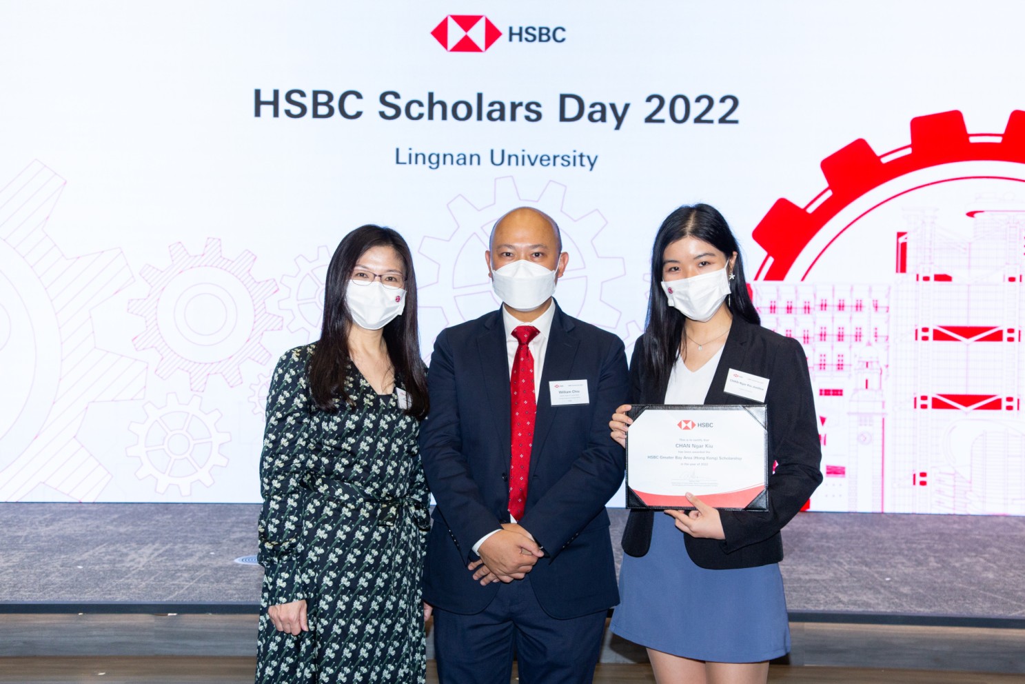 Photo: (from left) Ms Connie Wong, Acting Director of the Office of Student Affairs, Mr William Chiu, Global Head of Future Skills, Group Corporate Sustainability, HSBC, and Chan Ngar-kiu at the HSBC Scholars Day 2022. 